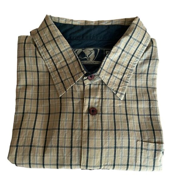 Thor 68 Shirt Button Down Plaid Tan Blue White Short Sleeve Graphic Logo Men XL - Picture 11 of 13